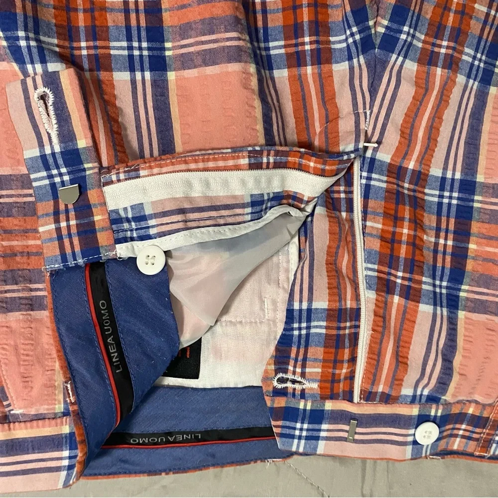 Linea Uomo Men’s Plaid Seersucker‎ Shorts Size 38 Coral and Blue